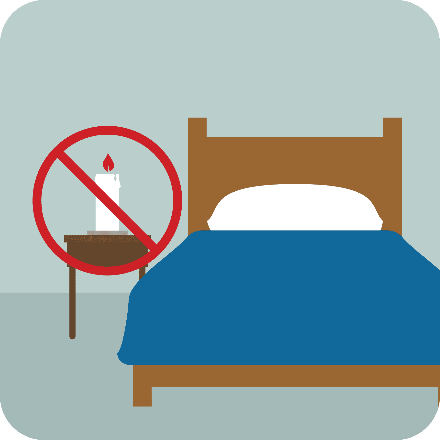 A candle next to a bed with a no sign over it.